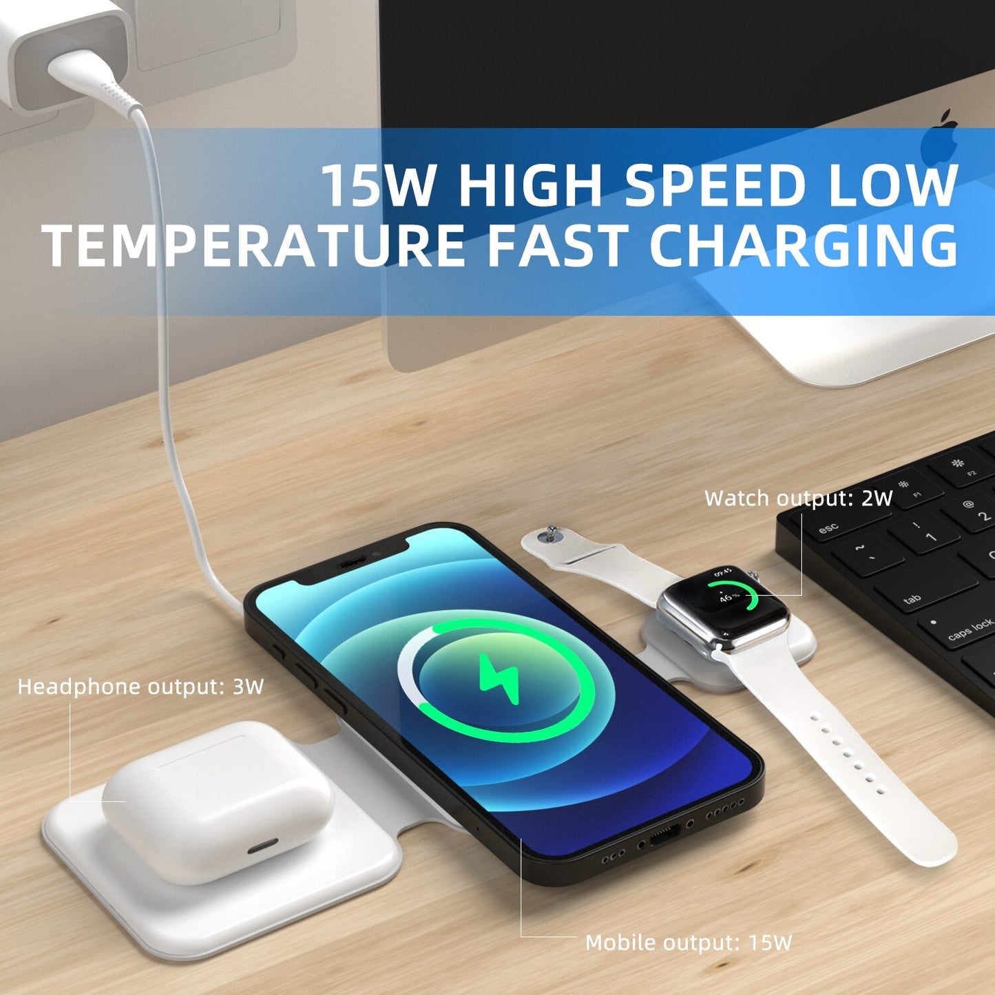 Caricatore Wireless 3 in 1 WorldXtech — iPhone Android e AirPods in un Solo Dock